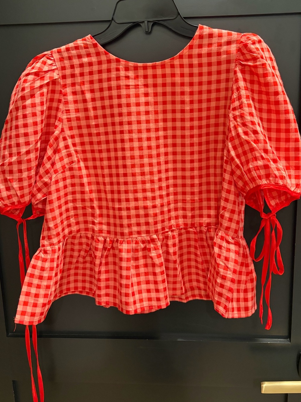 TCEC Red Gingham Peplum Blouse with Puff Sleeves and Tie Cuffs